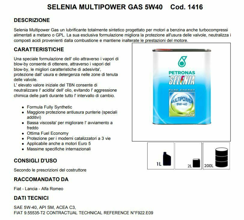 Olio Selenia multipower 5w40 gas 6 lt pure energy motori gpl metano  9.55535-T2 - Ricambi Auto GAutopartsProdotto