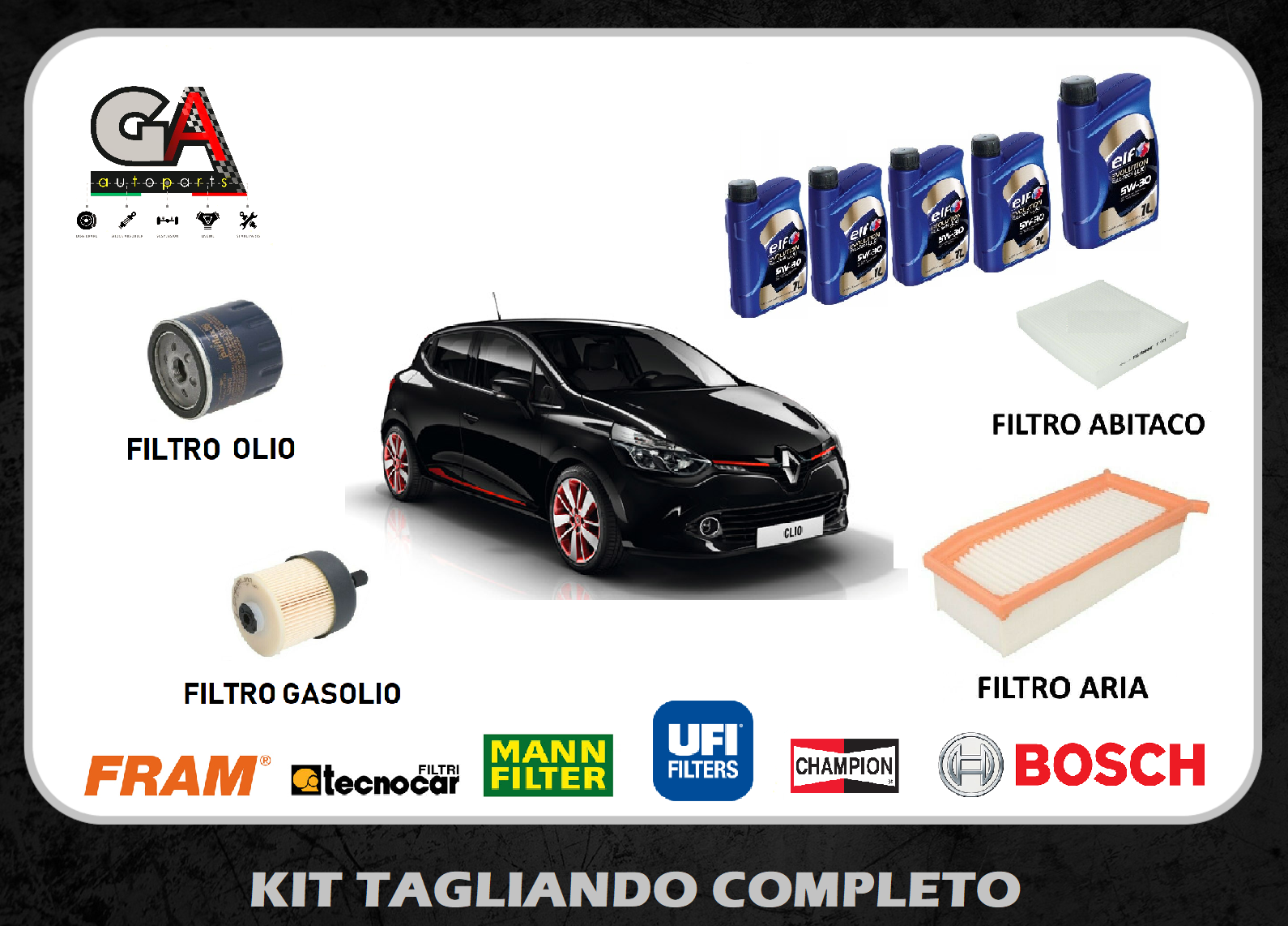 Kit tagliando Renault Clio IV 1.5 dci Captur 4 filtri + 5 litri olio Elf  5W30 - Ricambi Auto GAutopartsProdotto