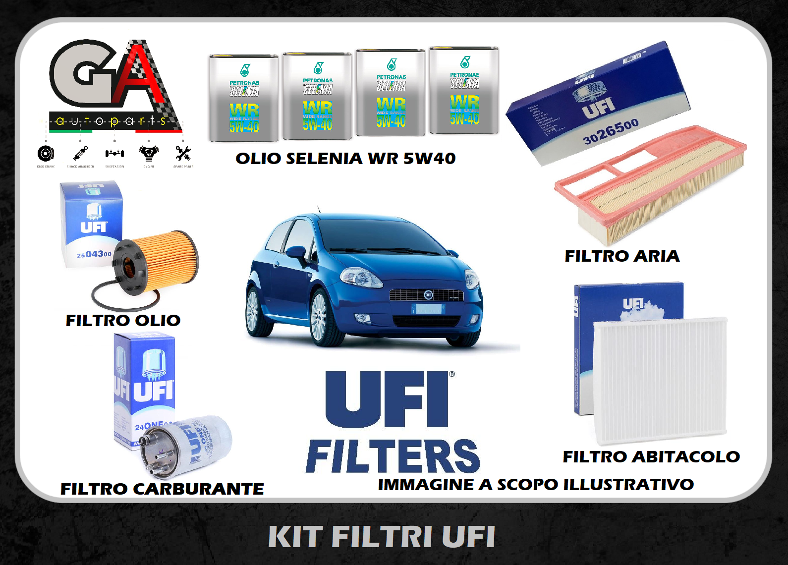 KIT TAGLIANDO CON 4 FILTRI MISTI PER MOTORI 1.3 MULTIJET (FILTRO OLIO,  FILTRO ARIA, FILTRO CARBURANTE E FILTRO ABITACOLO) + 4 LITRI OLIO MOTORE  SELENIA WR 5W40 (PER IMPIANTO UFI) : : Auto e Moto