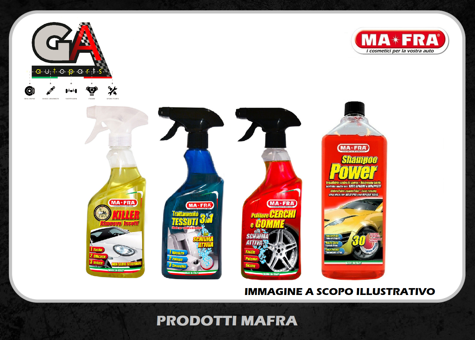 KIT PER LAVAGGIO PULIZIA AUTO SHAMPOO SEDILI TESSUTO GOMME VETRI PRODOTTI  MAFRA - Ricambi Auto GAutopartsProdotto