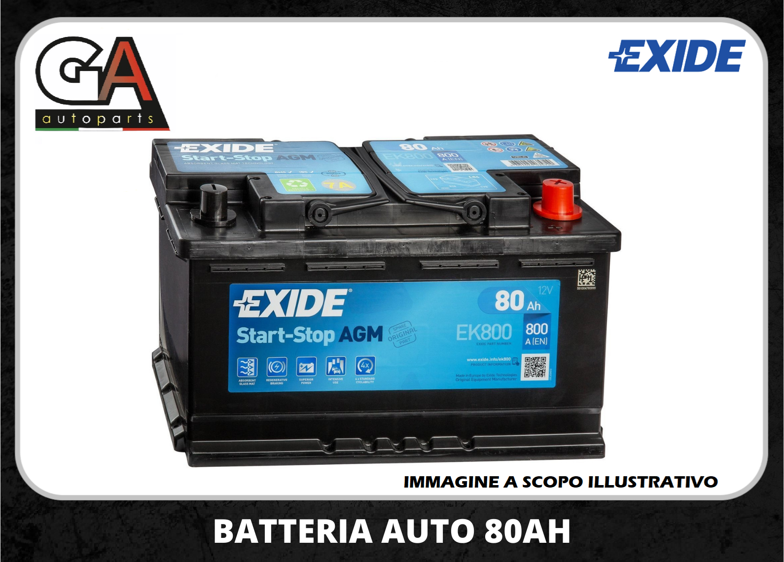Batteria auto 80 ah 12v EXIDE 800A START STOP AGM NUOVA EK800 - Ricambi Auto  GAutopartsProdotto